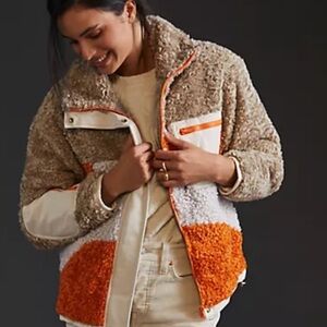 Anthropologie find me now Size XS Canyon Sherpa Fleece Jacket Orange/Gray/Cream